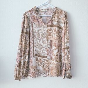 Les Amis Ivory Paisley Boho Blouse Ruffle Neck Long Sleeve